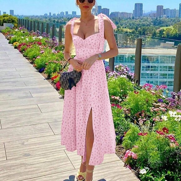 Mauve Purple Casual V-Neck Spaghetti Strap Floral Backless Slit Dress - Picture 1 of 11